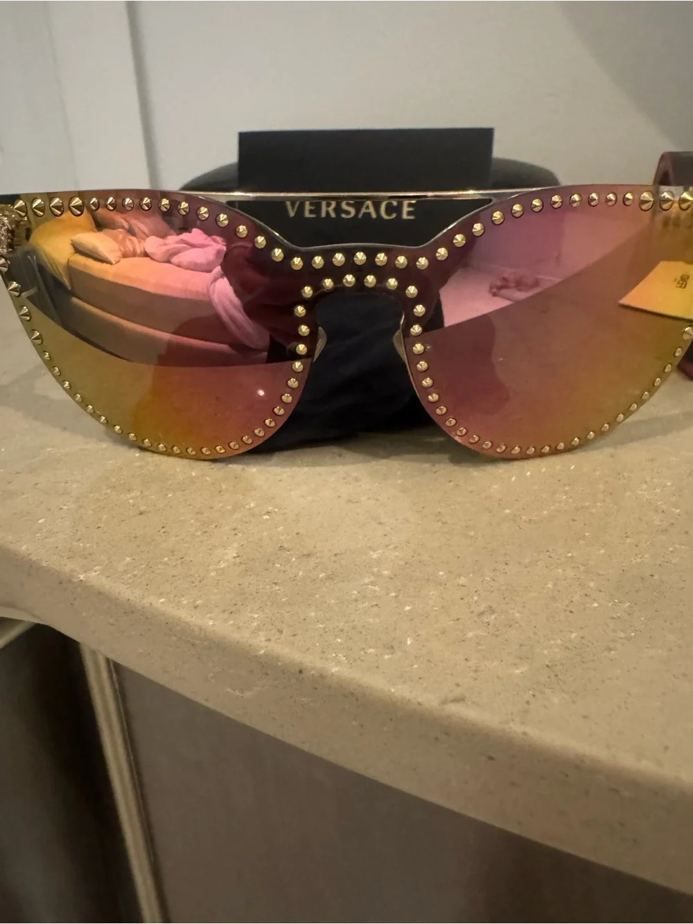 Versace Women's Gold-Stud Shield Sunglasses - Pink Gold Mirror